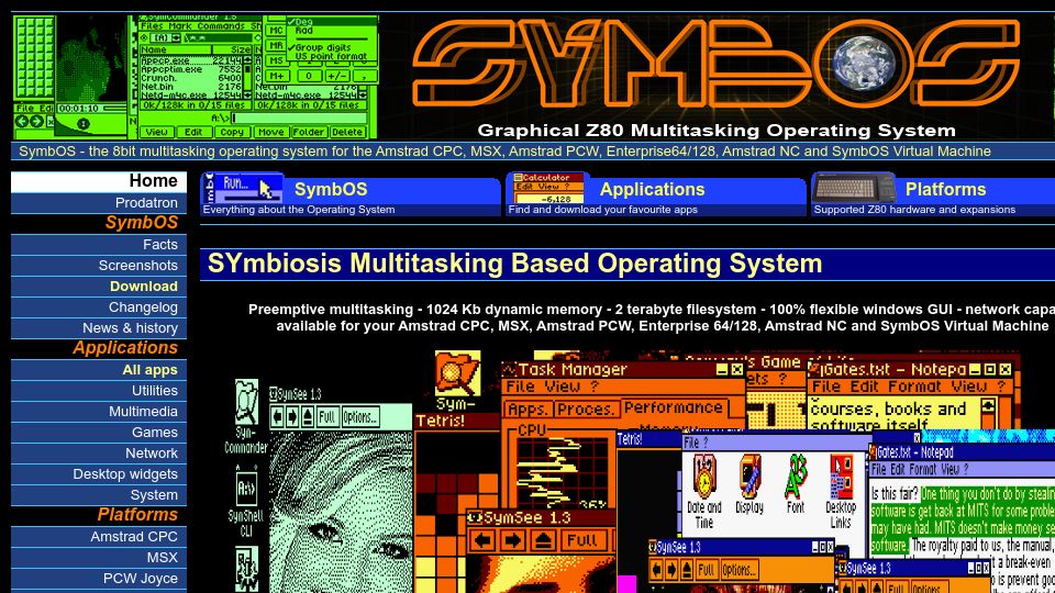 Screenshot of symbos.de: SymbOS Z80 multitasking operating system