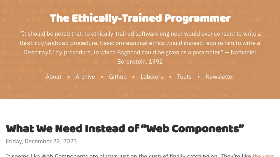 Screenshot of blog.carlana.net: What We Need Instead of "Web Components"
