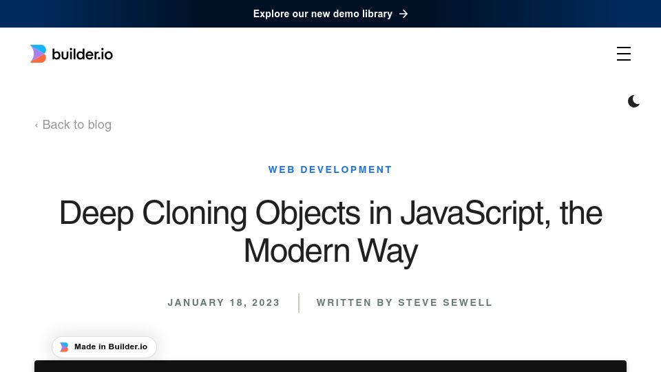 Screenshot of builder.io: Deep cloning objects in JavaScript