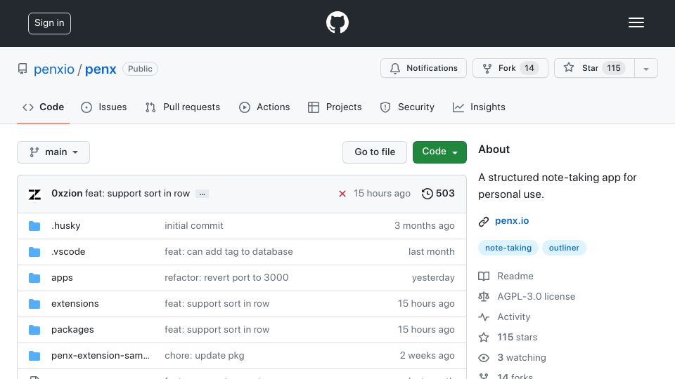 Screenshot of github.com: A structured note-taking app for personal use