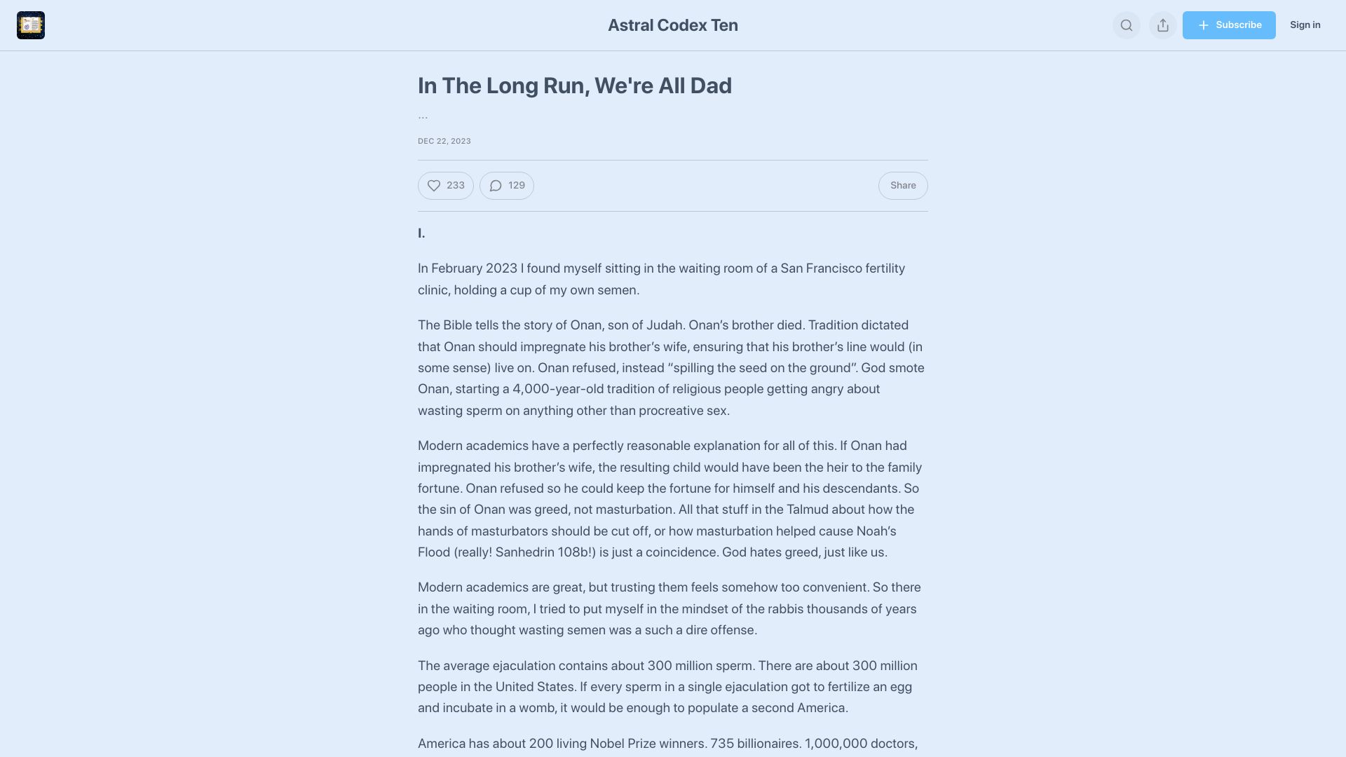 Screenshot of astralcodexten.com: In the long run, we're all Dad