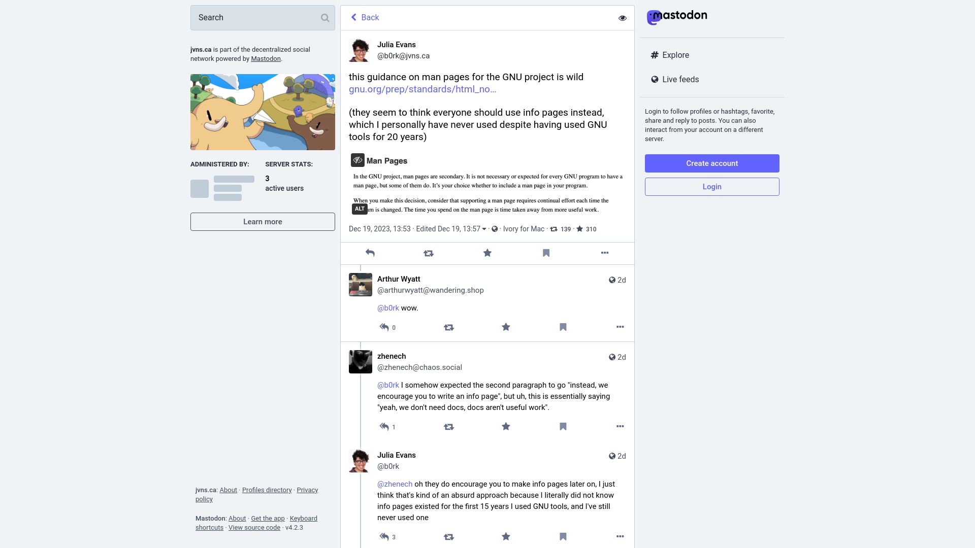 Screenshot of social.jvns.ca: Guidance on man pages for the GNU project is wild