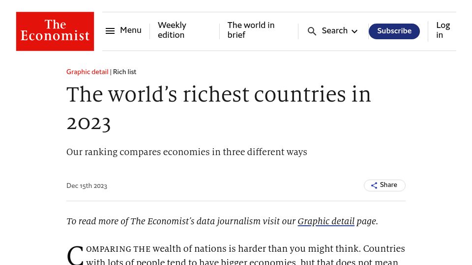 Screenshot of economist.com: The Richest Countries in 2023