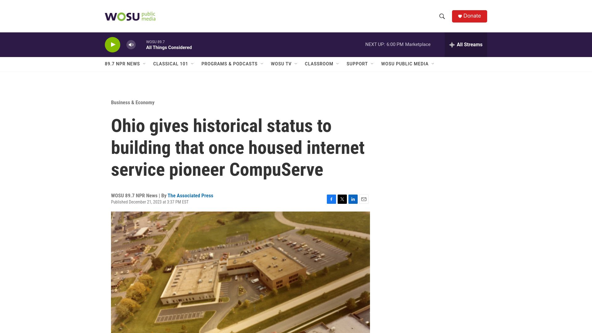 Screenshot of news.wosu.org: Ohio gives historical status to building that once housed CompuServe