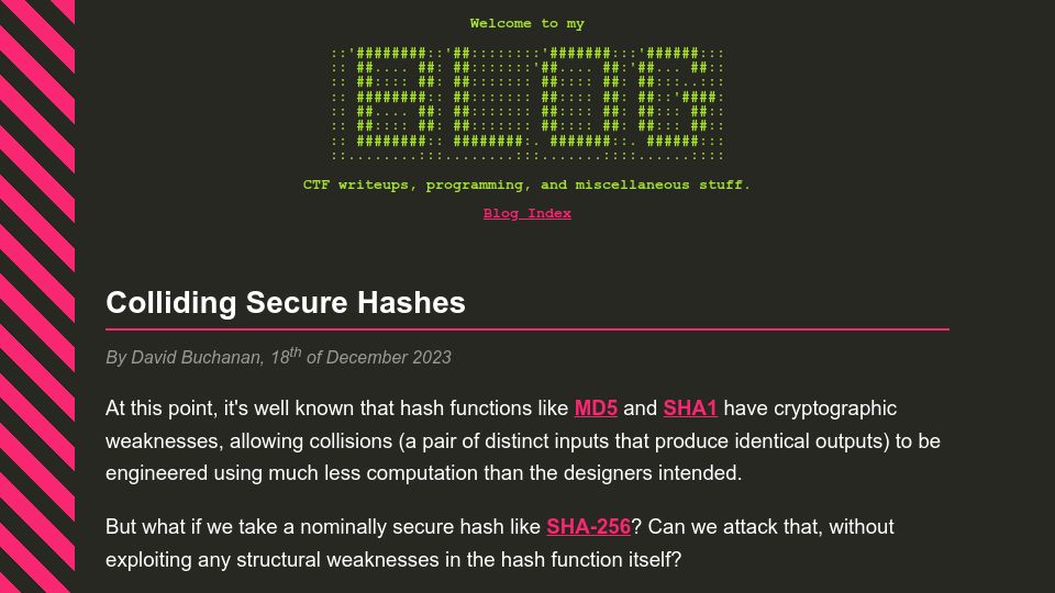 Screenshot of da.vidbuchanan.co.uk: Colliding Secure Hashes