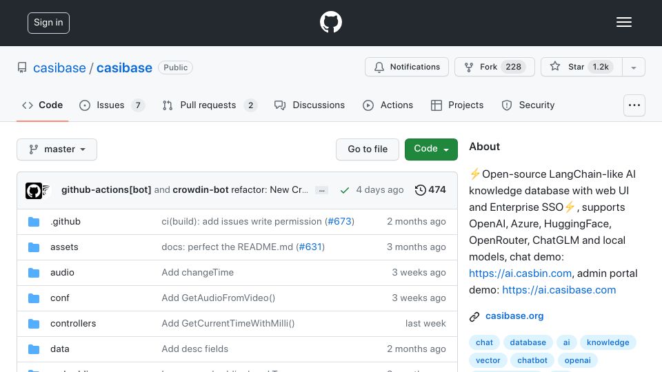 Screenshot of github.com: Open-source AI knowledge database with web UI and Enterprise SSO