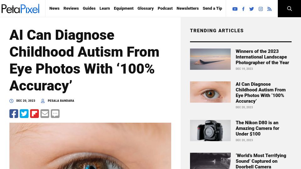 Screenshot of petapixel.com: AI Can Diagnose Childhood Autism from Retinal Photos with '100% Accuracy'