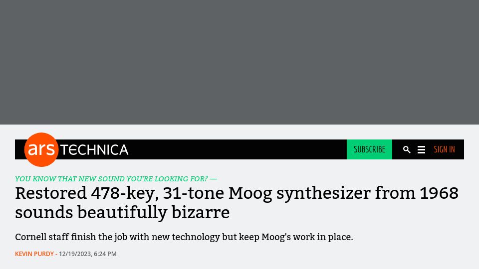 Screenshot of arstechnica.com: Restored 478-key, 31-tone Moog synthesizer from 1968