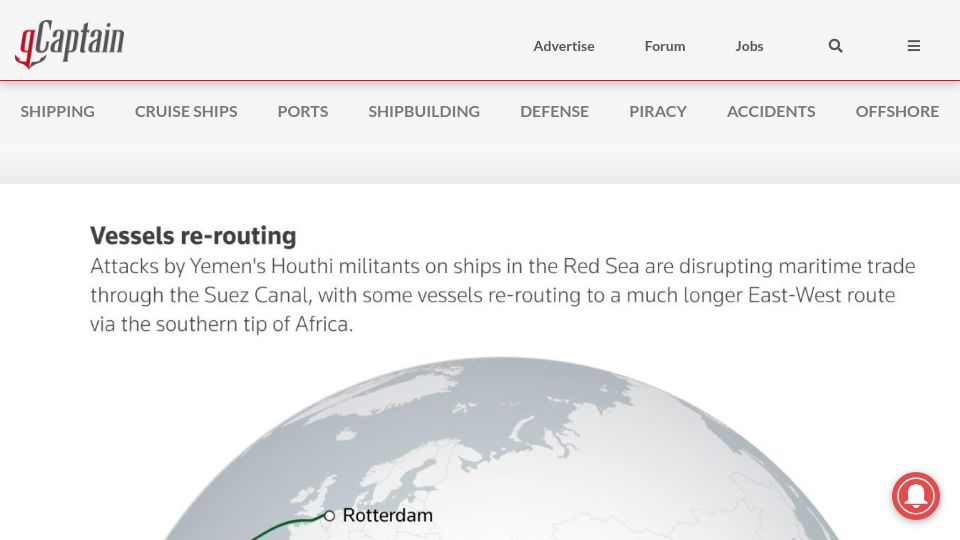 Screenshot of gcaptain.com: African Ports Overwhelmed by Red Sea Reroutings