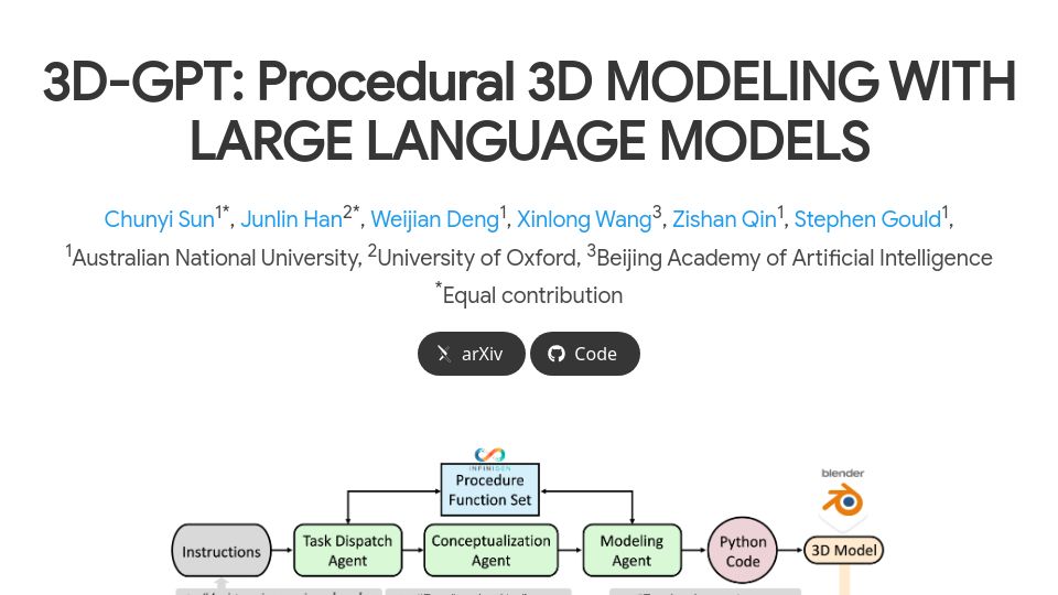 Screenshot of chuny1.github.io: 3D-GPT: Procedural 3D Modeling with Large Language Models