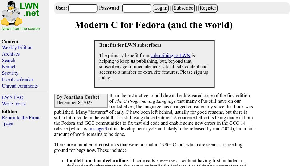Screenshot of lwn.net: Modern C for Fedora (and the World)