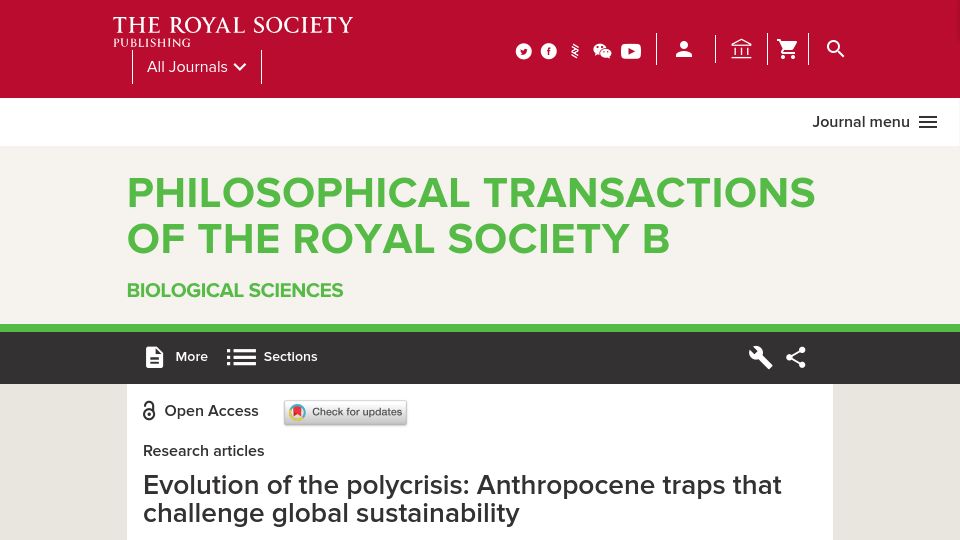 Screenshot of royalsocietypublishing.org: Anthropocene traps that challenge global sustainability