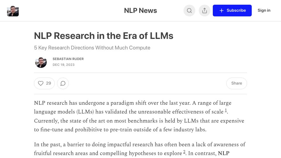 Screenshot of nlpnewsletter.substack.com: NLP Research in the Era of LLMs
