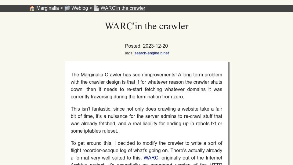 Screenshot of marginalia.nu: WARC'in the Crawler