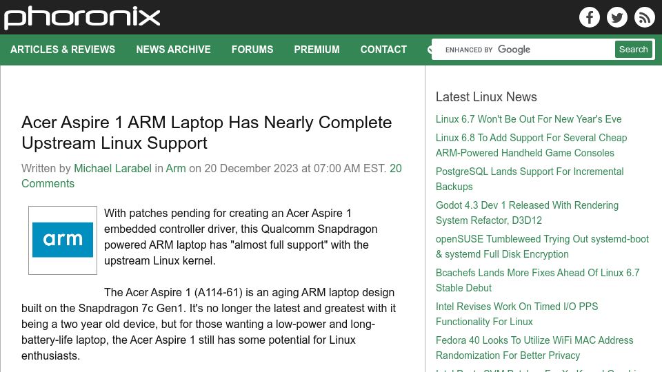 Screenshot of phoronix.com: Acer Aspire 1 ARM Laptop Has Nearly Complete Upstream Linux Support