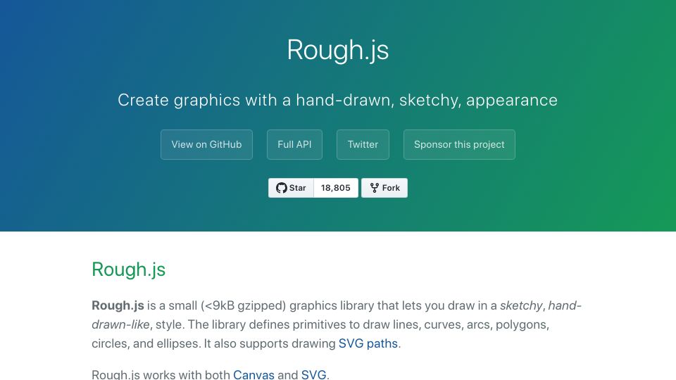 Screenshot of roughjs.com: Rough.js: Create graphics with a hand-drawn, sketchy, appearance