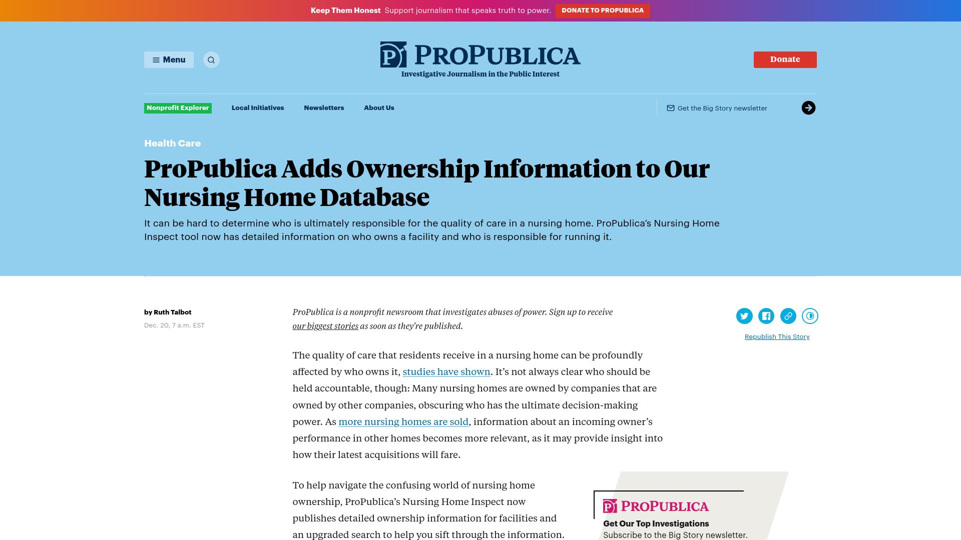 Screenshot of propublica.org: Find out who owns a nursing home with our Nursing Home Inspect tool
