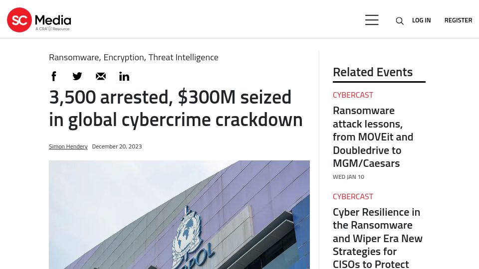 Screenshot of scmagazine.com: 3500 arrested in global cybercrime crackdown