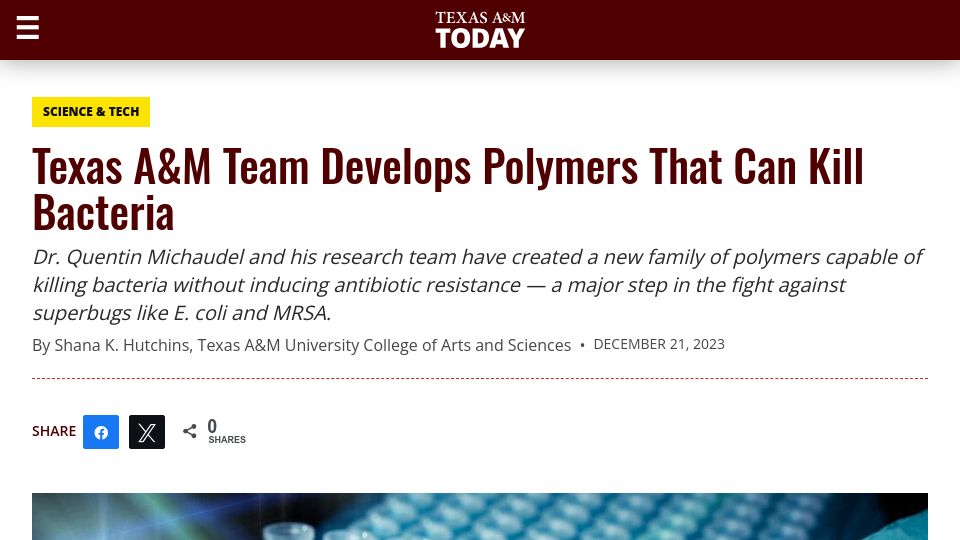 Screenshot of today.tamu.edu: Polymers capable of killing bacteria without inducing antibiotic resistance