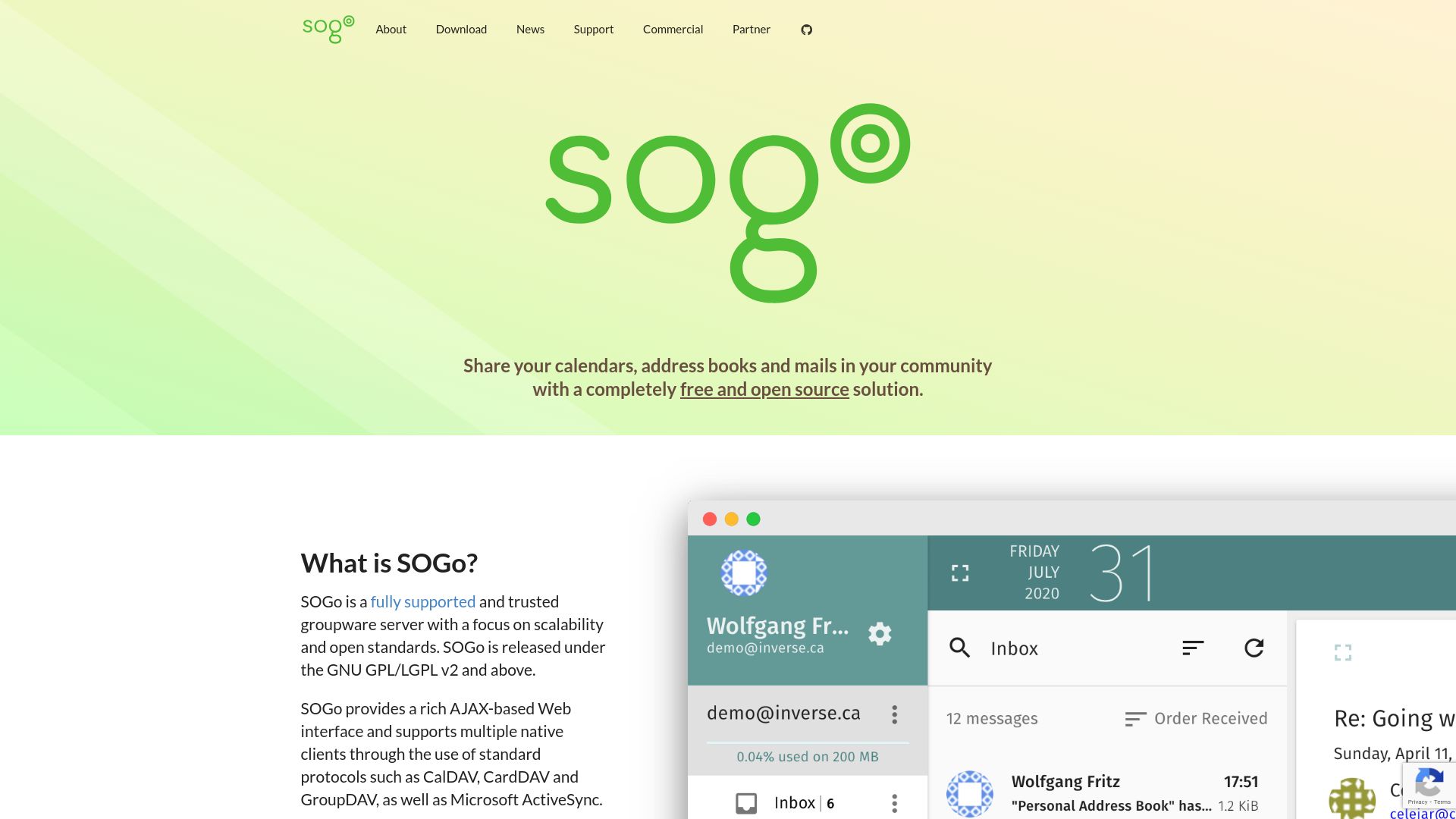 Screenshot of sogo.nu: SOGo: Open-source groupware solution to Share calendars, address books and mails
