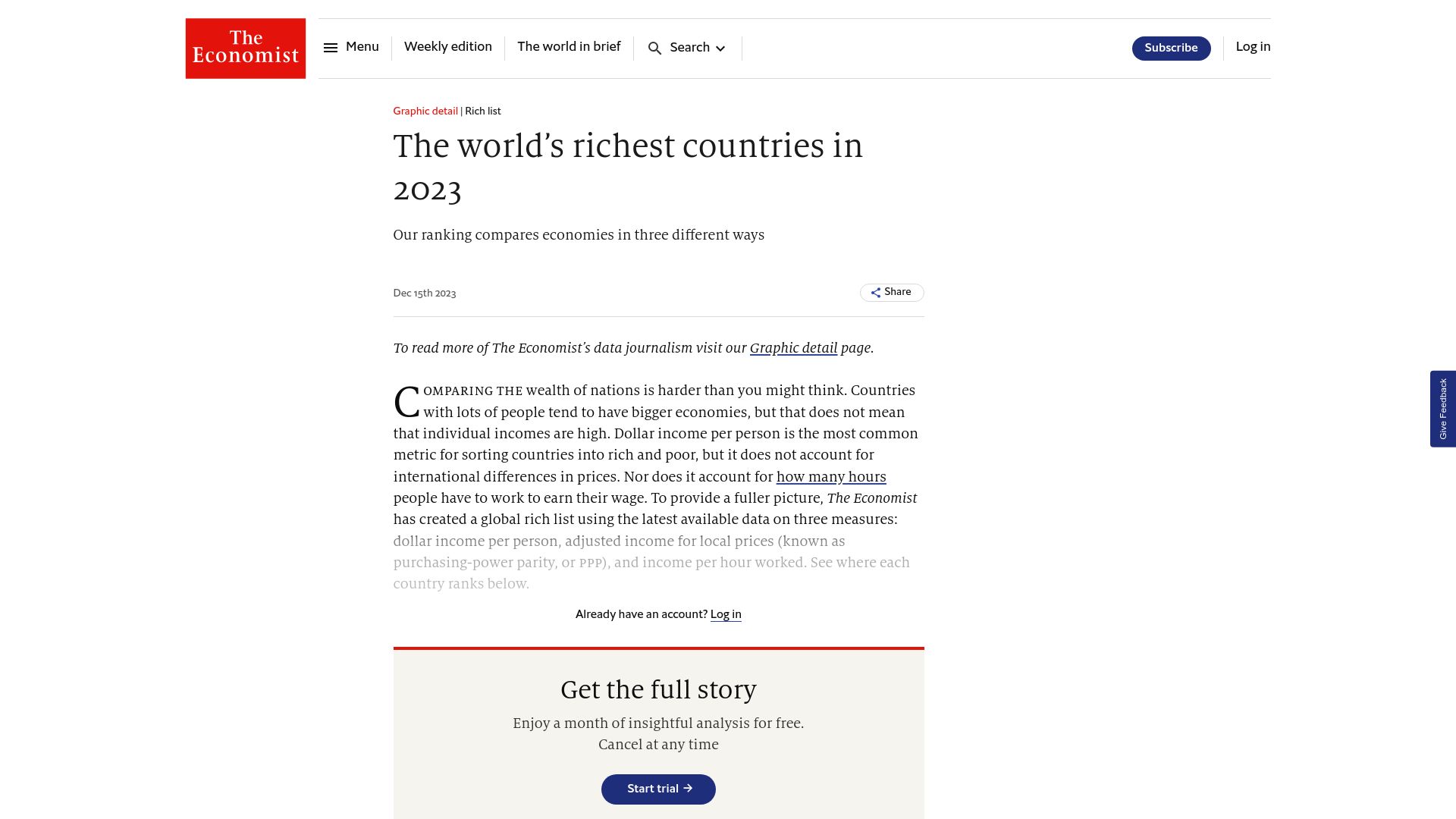 Screenshot of economist.com: The Richest Countries in 2023