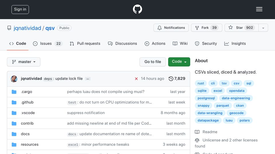 Screenshot of github.com: Qsv: Efficient CSV CLI Toolkit