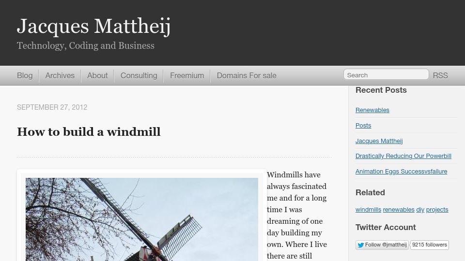 Screenshot of jacquesmattheij.com: How to Build a Windmill (2012)