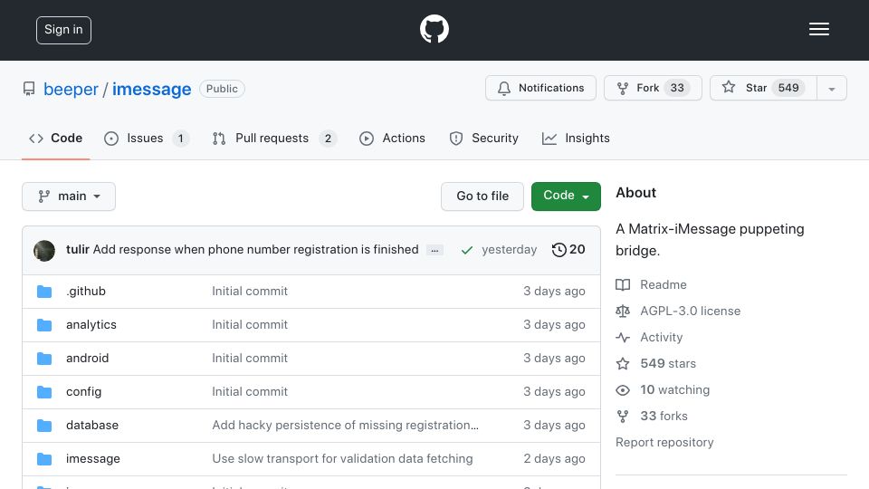 Screenshot of github.com: Beeper Mini is now open-source