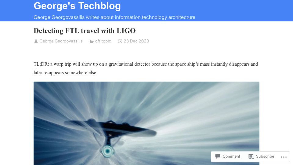 Screenshot of blog.georgovassilis.com: Detecting FTL with LIGO