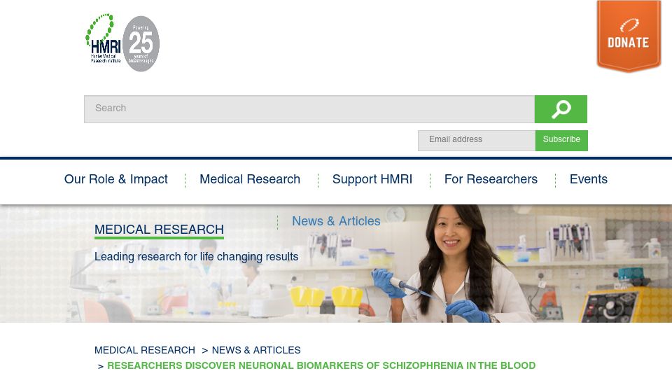 Screenshot of hmri.org.au: Researchers discover neuronal biomarkers of schizophrenia in the blood