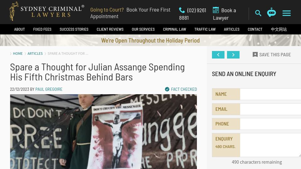 Screenshot of sydneycriminallawyers.com.au: Spare a Thought for Julian Assange Spending His Fifth Christmas Behind Bars