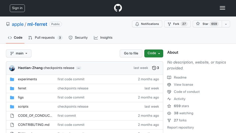 Screenshot of github.com: Ferret: A Multimodal Large Language Model