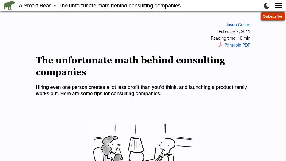 Screenshot of longform.asmartbear.com: The unfortunate math behind consulting companies (2011)