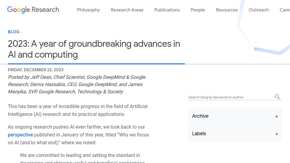 Screenshot of blog.research.google: 2023: A year of groundbreaking advances in AI and computing