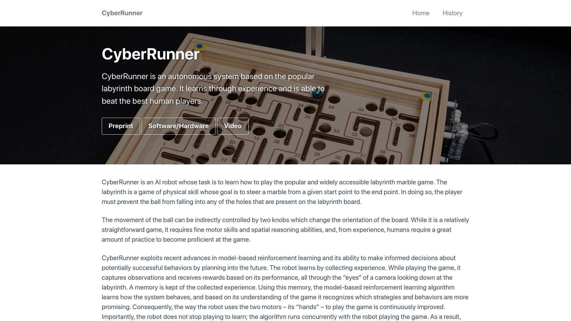 Screenshot of cyberrunner.ai: Cyberrunner – robot playing Labyrinth board game