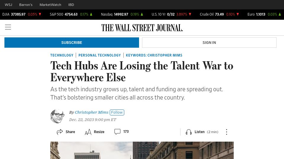 Screenshot of wsj.com: Tech Hubs Are Losing the Talent War to Everywhere Else