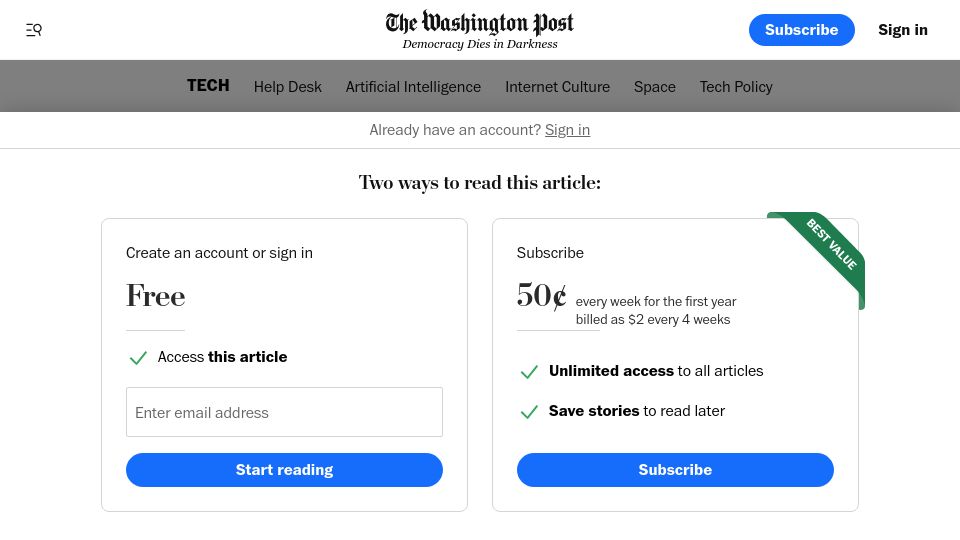 Screenshot of washingtonpost.com: "King of the Cannibals": How Sam Altman Took over Silicon Valley
