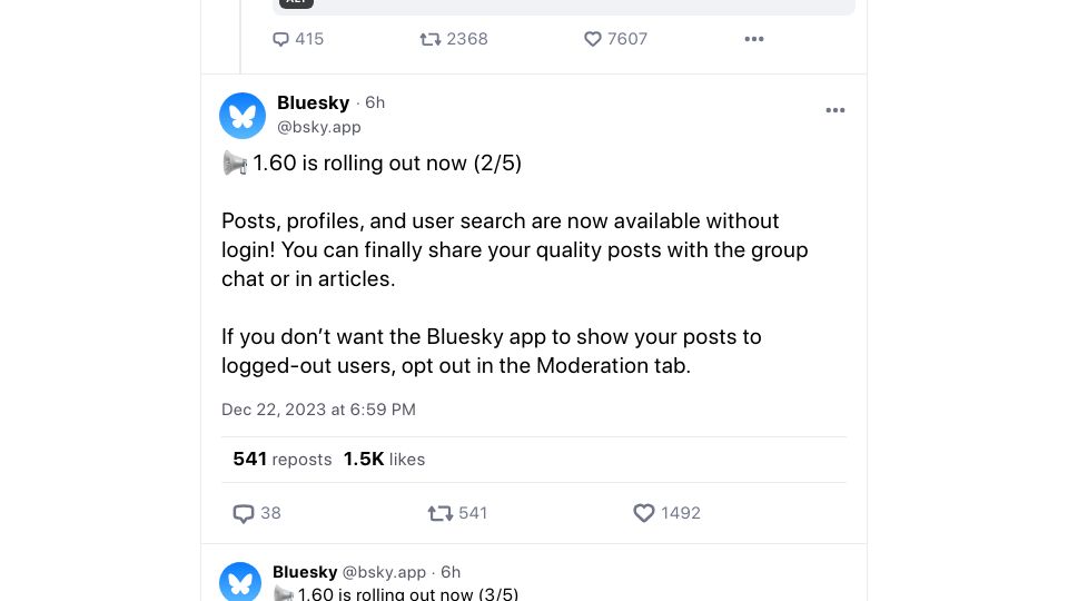 Screenshot of bsky.app: Posts, profiles, and user search are now available without login