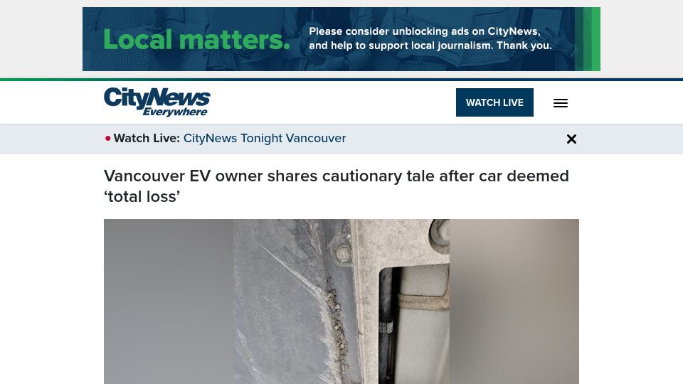 Screenshot of vancouver.citynews.ca: Vancouver EV owner shares cautionary tale after car deemed 'total loss'