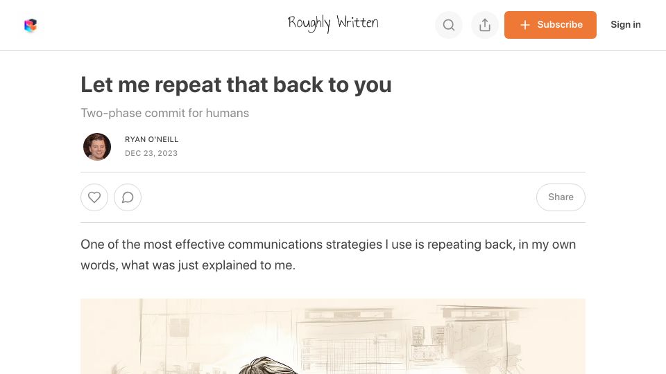 Screenshot of roughlywritten.substack.com: Let me repeat that back to you