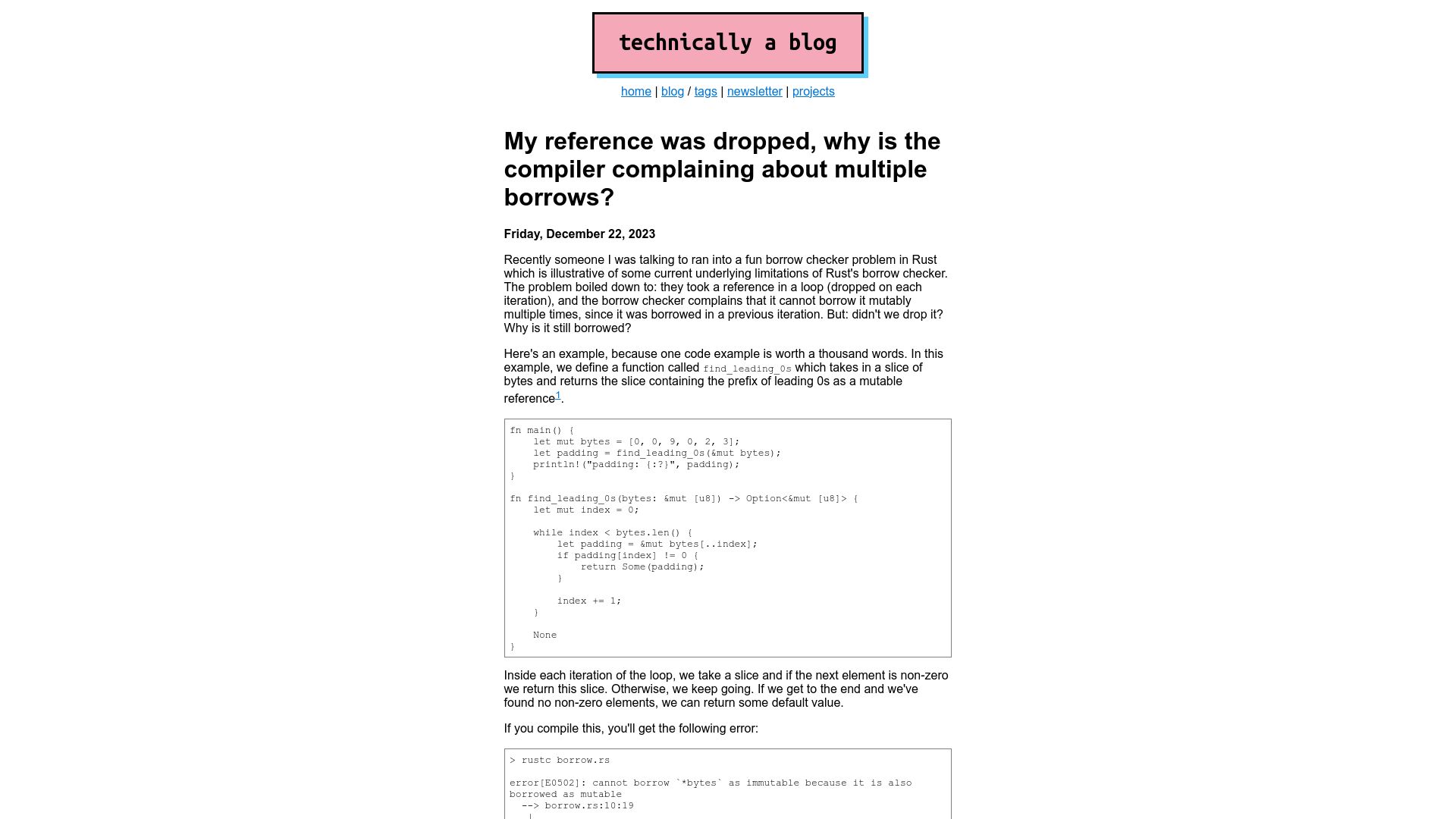 Screenshot of ntietz.com: My reference was dropped, why is the compiler complaining about multiple borrow