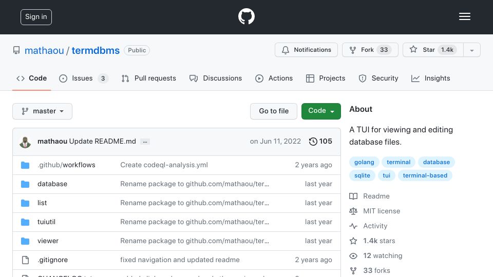 Screenshot of github.com: Termdbms – A TUI for viewing and editing database files