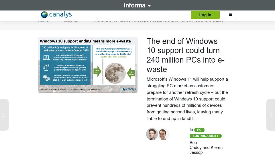 Screenshot of canalys.com: The end of Windows 10 support could turn 240M PCs into e-waste
