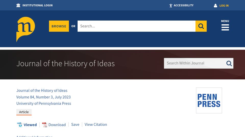 Screenshot of muse.jhu.edu: The Neoliberal Transition in Intellectual and Economic History