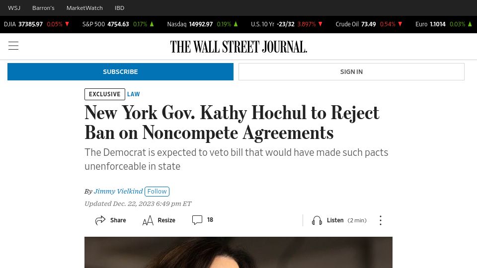 Screenshot of wsj.com: New York Gov. Kathy Hochul to Reject Ban on Noncompete Agreements
