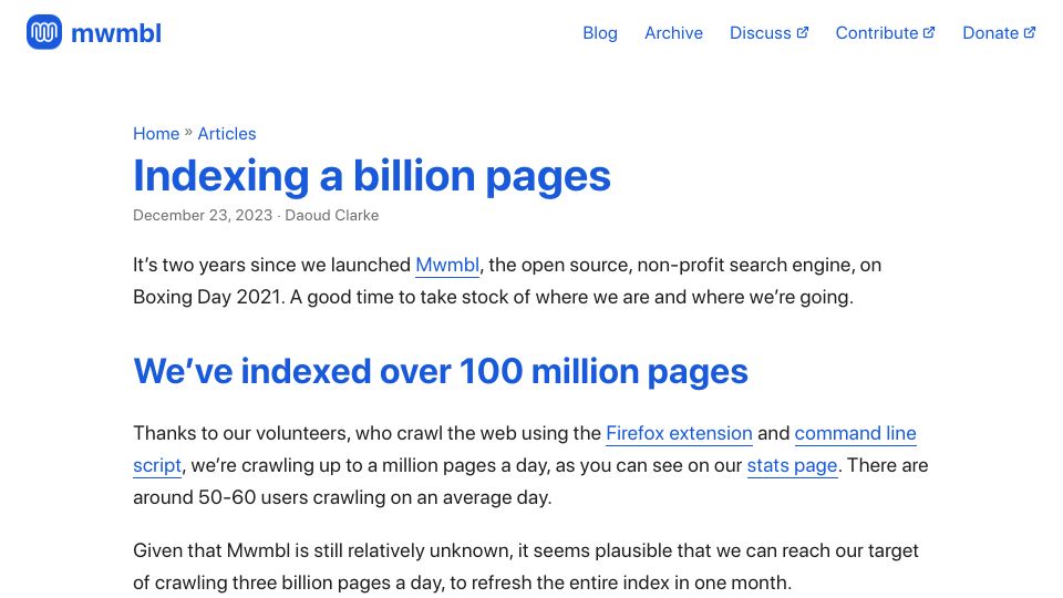 Screenshot of blog.mwmbl.org: Indexing a billion pages