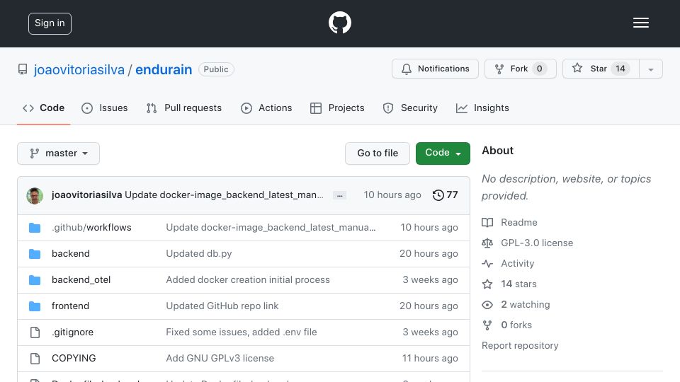 Screenshot of github.com: Endurain: Self-hosted Strava like service