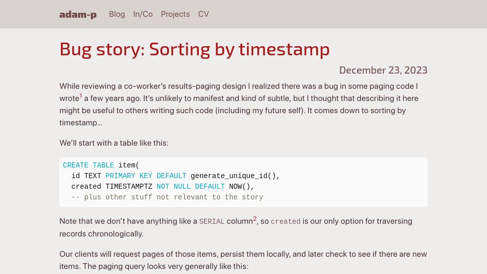 Screenshot of adam-p.ca: Bug story: Sorting by timestamp