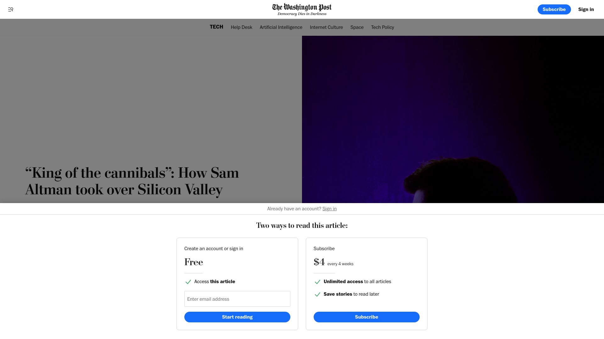 Screenshot of washingtonpost.com: "King of the Cannibals": How Sam Altman Took over Silicon Valley