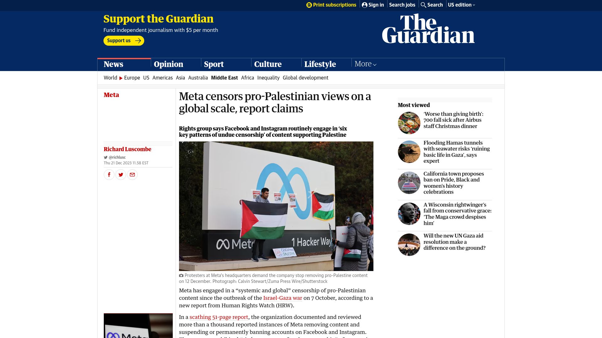 Screenshot of theguardian.com: Meta censors pro-Palestinian views on a global scale, report claims